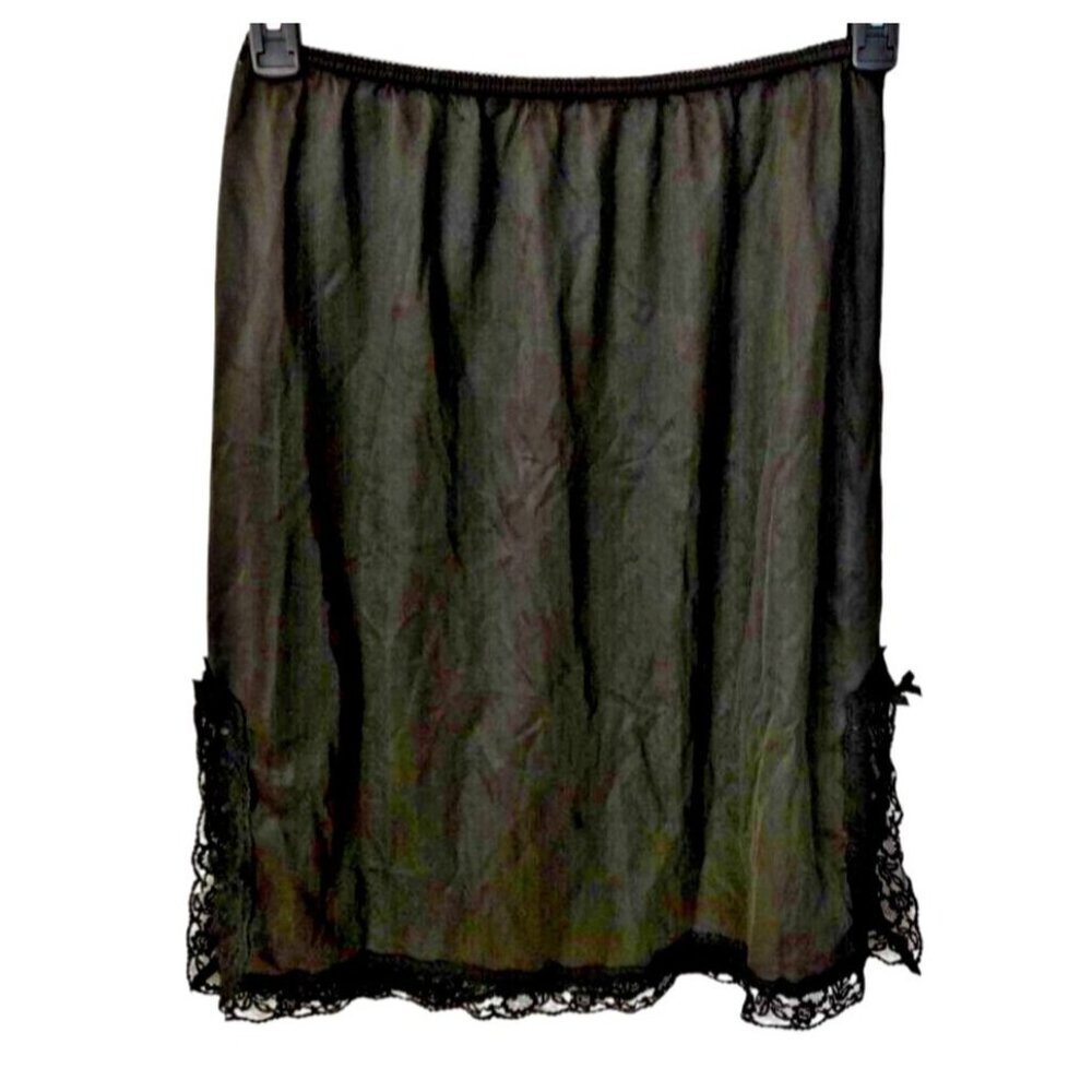 Figurfit 1970s Black Nylon Lace Trim Half Slip Side Slits Bows Medium USA Made